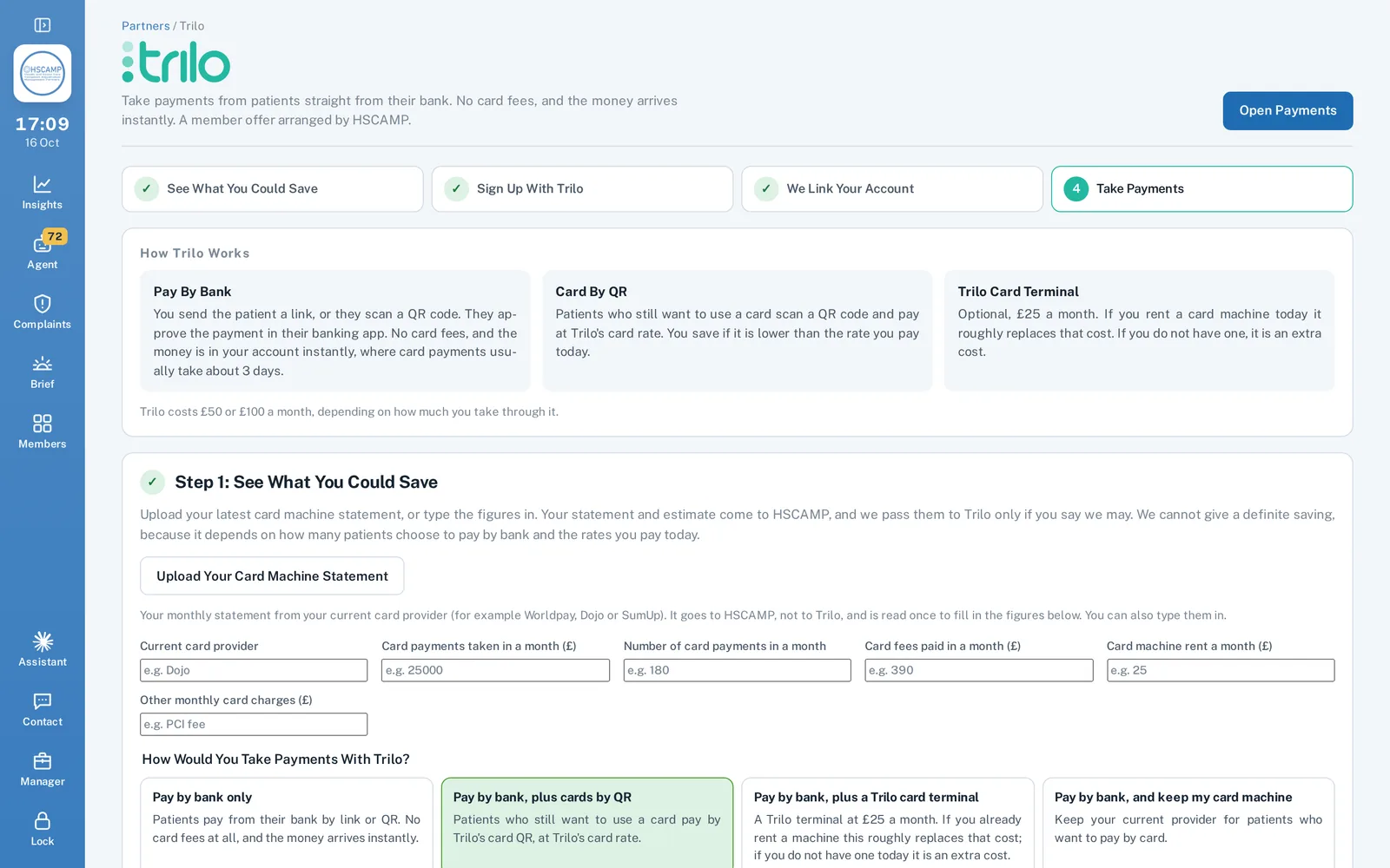 Trilo member offer in the HSCAMP Clinic Portal, with the steps to sign up and the savings estimate